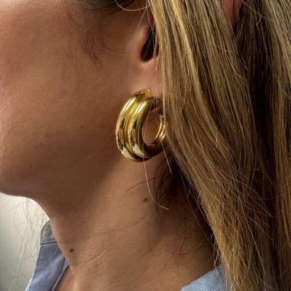 Double Hoop Chunky Gold Earrings - Textured 14K Gold Over Sterling Silver - Picture 2 of 5